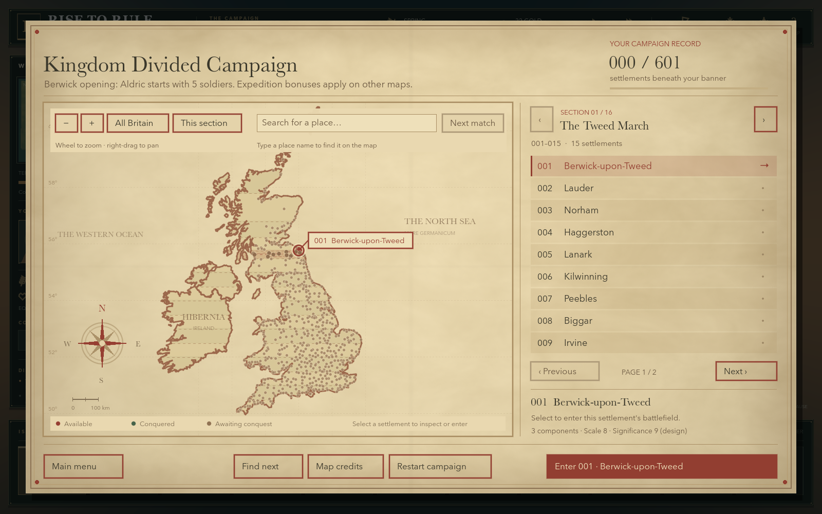 The Kingdom Divided campaign map with Berwick-upon-Tweed selected